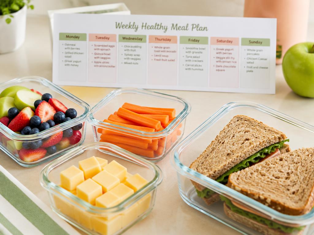 Plan de comidas de la semana con tuppers de fruta cortada, zanahorias y sándwiches integrales