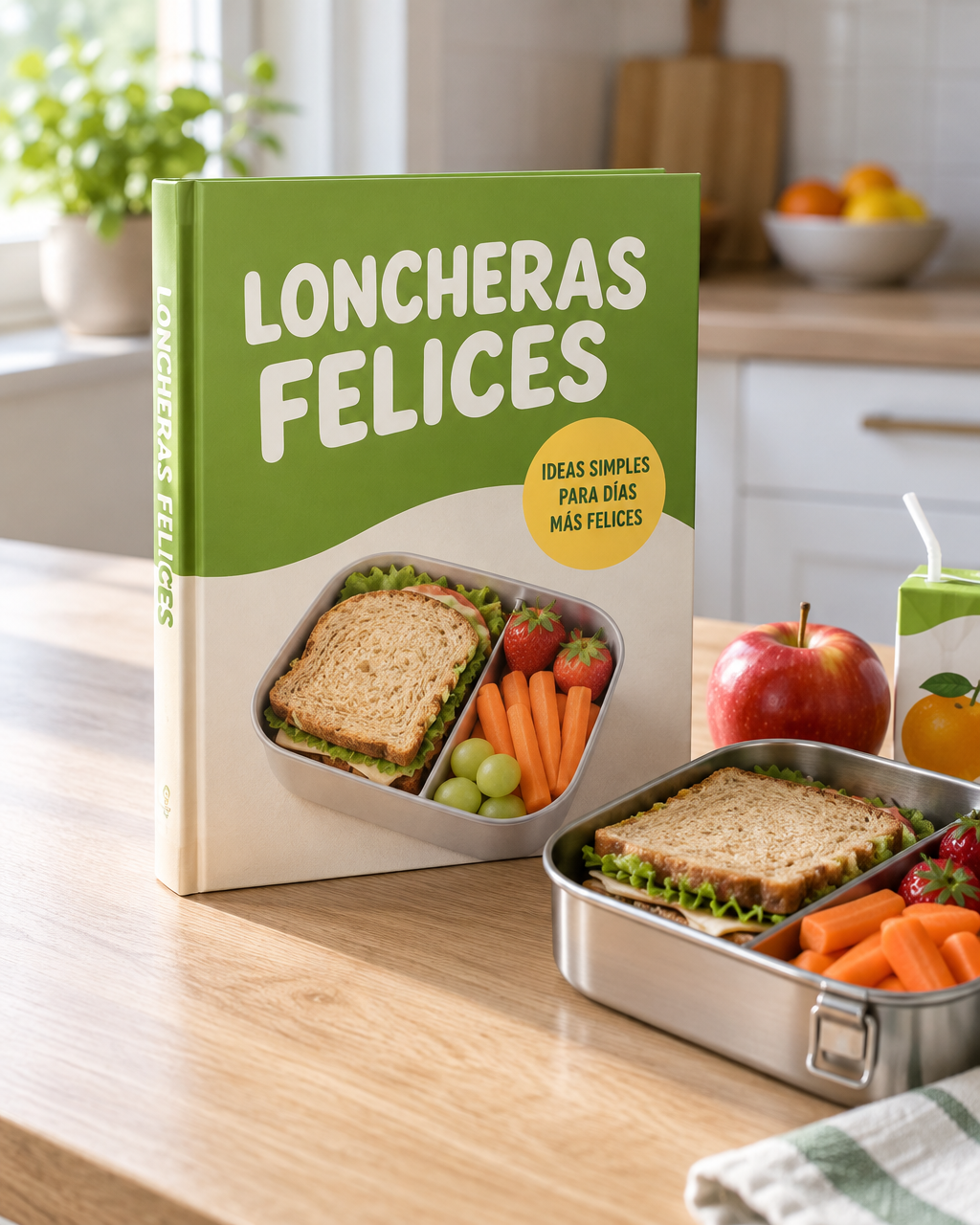 Guía Loncheras Felices junto a una lonchera real con comida